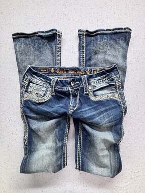 Rock Revival Ligeia Bootcut Jeans Women 28x32 Bling Flap Pocket Thick Stitch Y2K